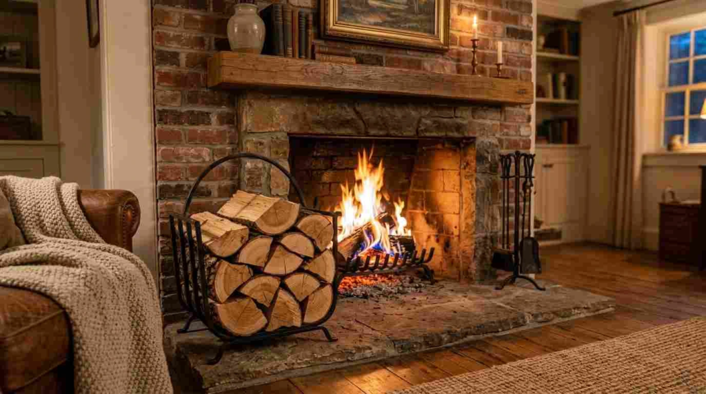 fire burning in indoor fireplace
