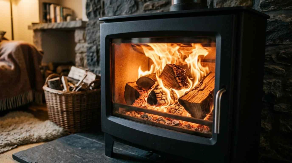 fire burning in wood stove