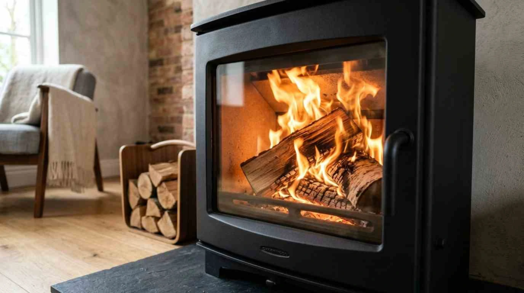 fire burning in wood stove