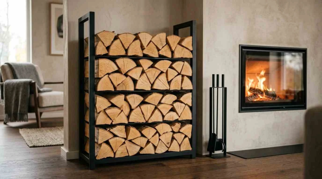 firewood stacked in metal rack