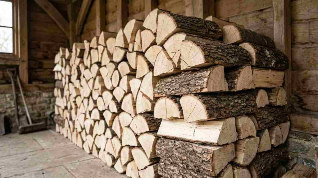 hardwood logs stacked indoors