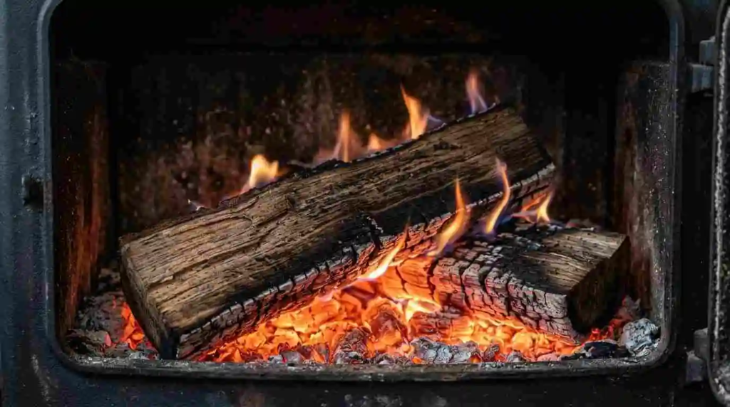 oak logs burning in stove