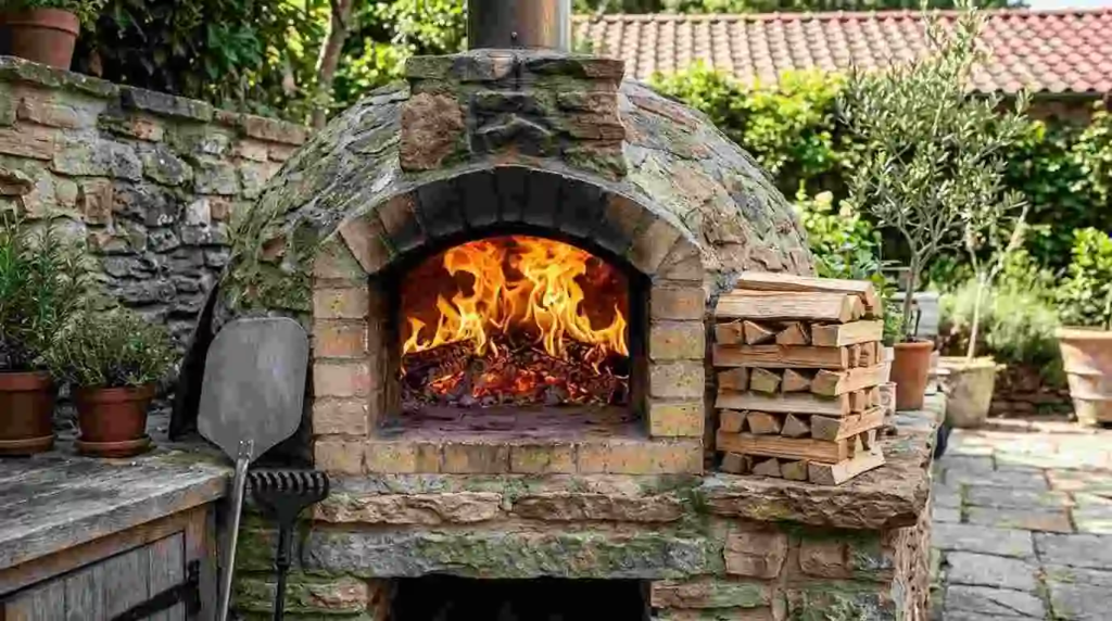 wood fired pizza oven burning fire