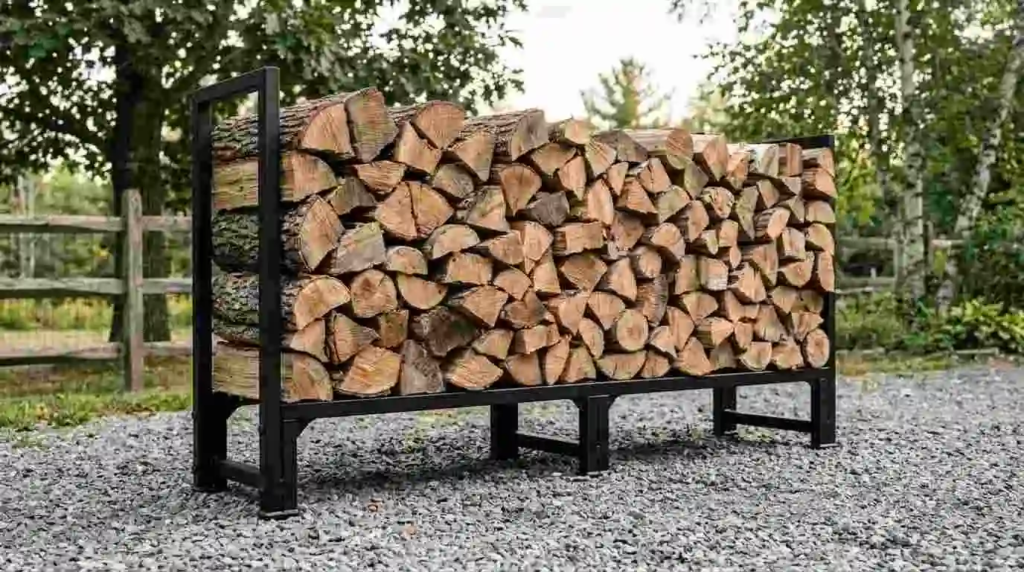 firewood stacked on metal rack