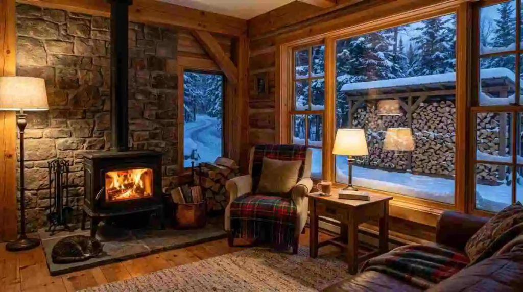 wood stove burning in living
