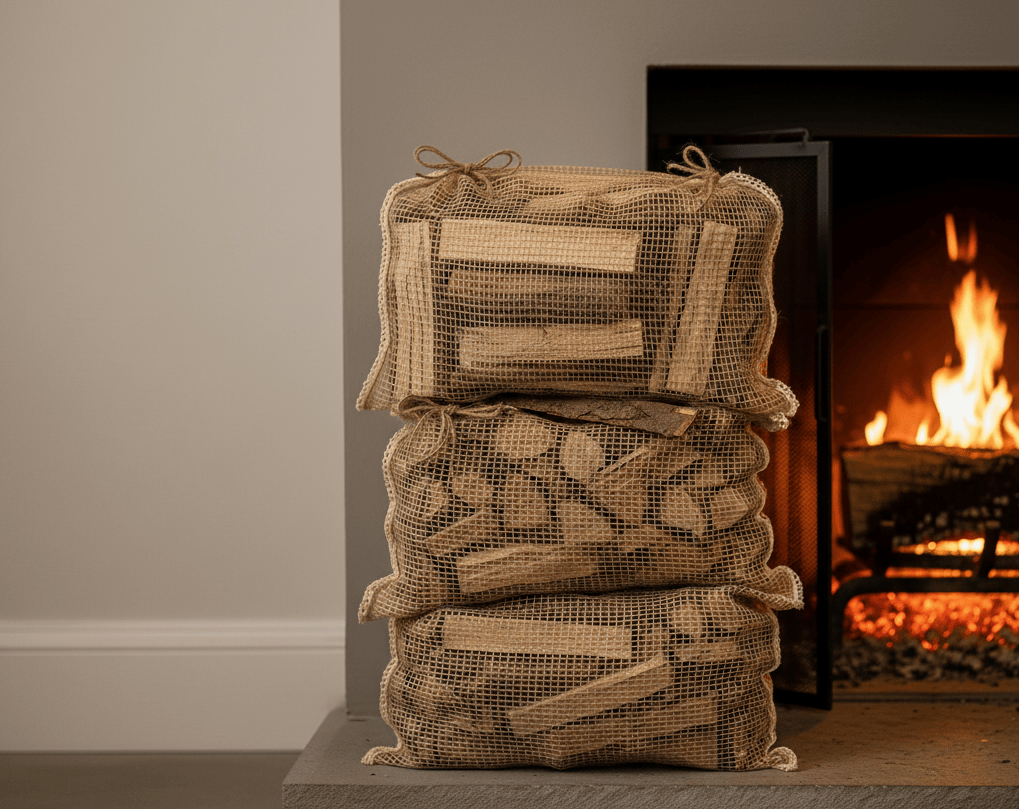 Kiln-dried kindling bags stacked beside a cozy fireplace, showing neatly cut wood pieces ready for easy fire starting.