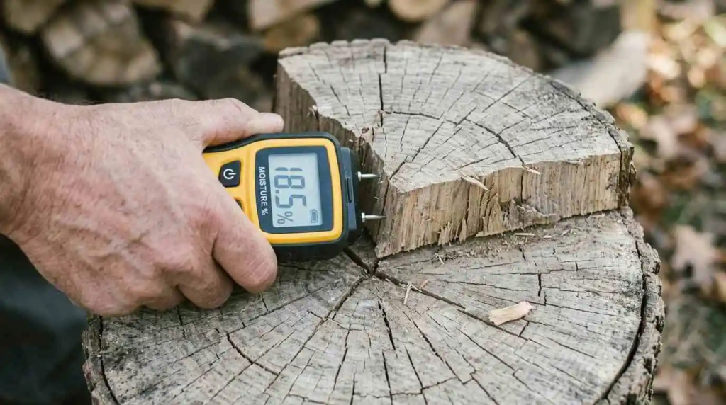 Checking firewood moisture level with a moisture meter
