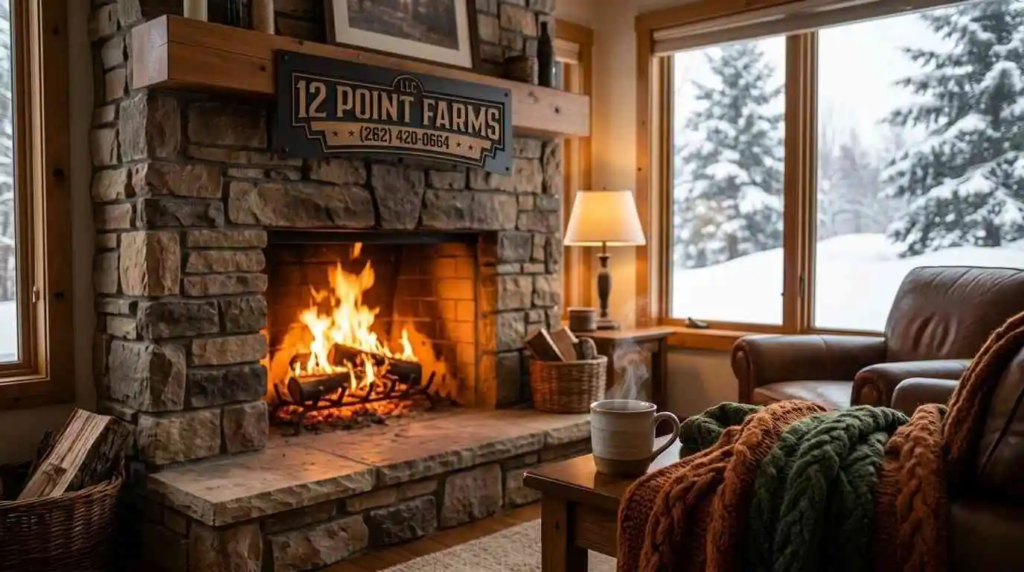Warm glowing indoor fireplace on a snowy evening