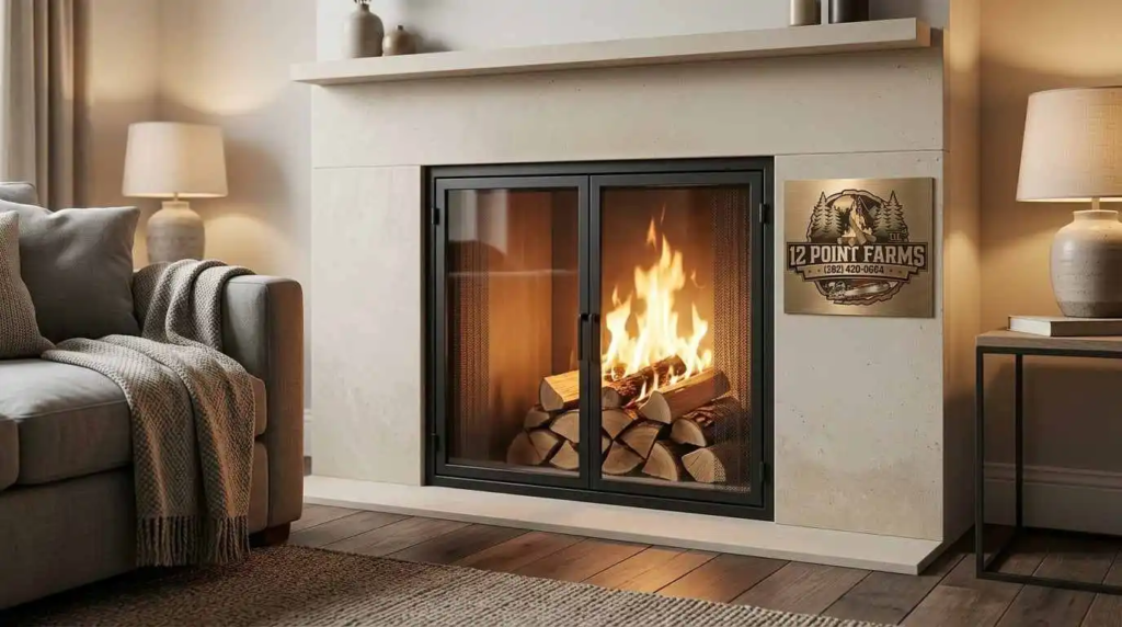 Indoor fireplace with glass doors and spark screen