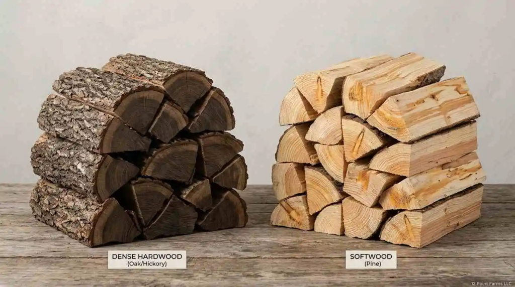 Split hardwood and softwood firewood side by side