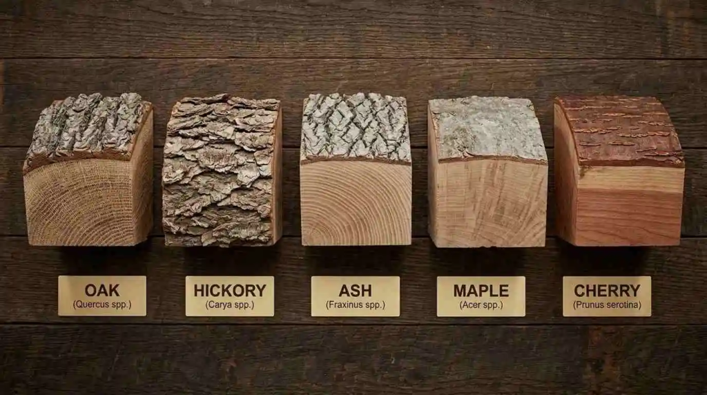 Different firewood species Oak Hickory Ash Maple Cherry