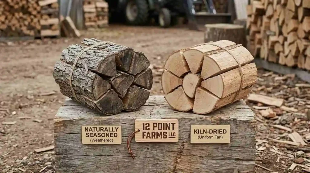 Seasoned firewood compared to kiln-dried firewood stacks