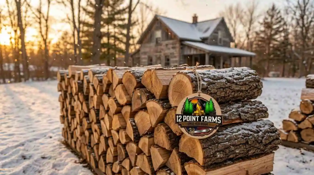 Freshly delivered firewood cord stacked in yard