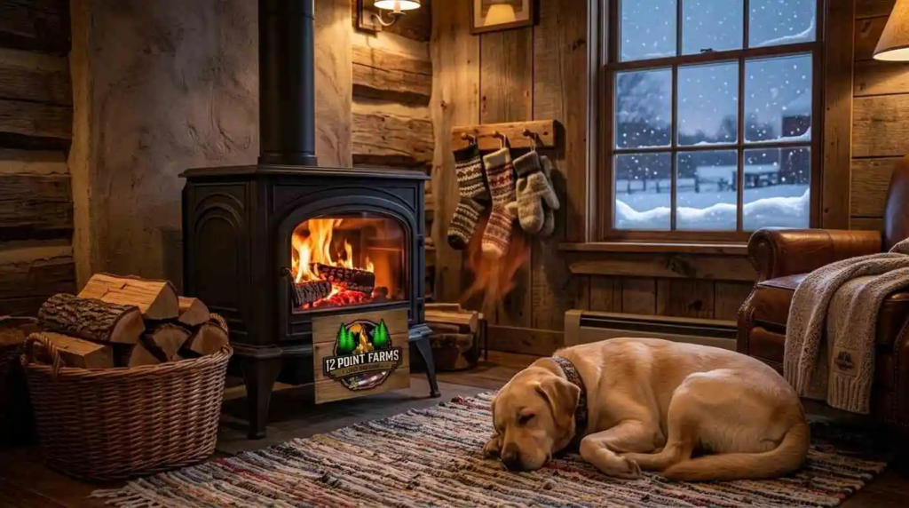 Family relaxing by warm wood stove fire at home