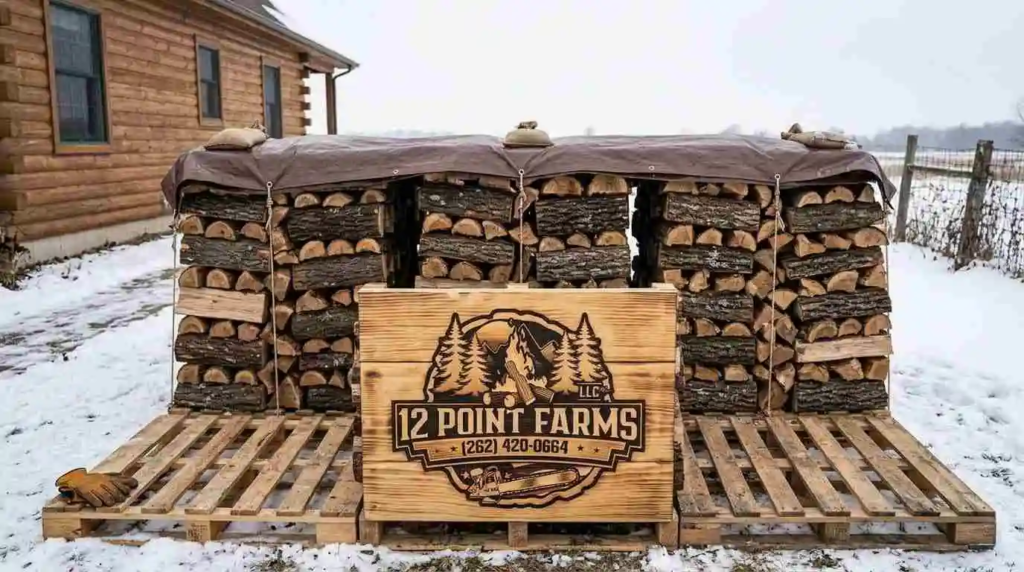 Firewood stacked off ground with top cover for storage