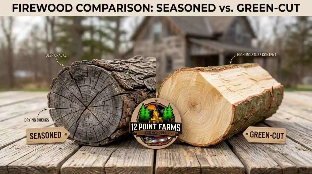 Split seasoned firewood showing dry cracked grain vs green wood
