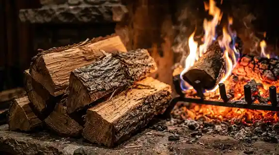 hickory firewood near glowing fire