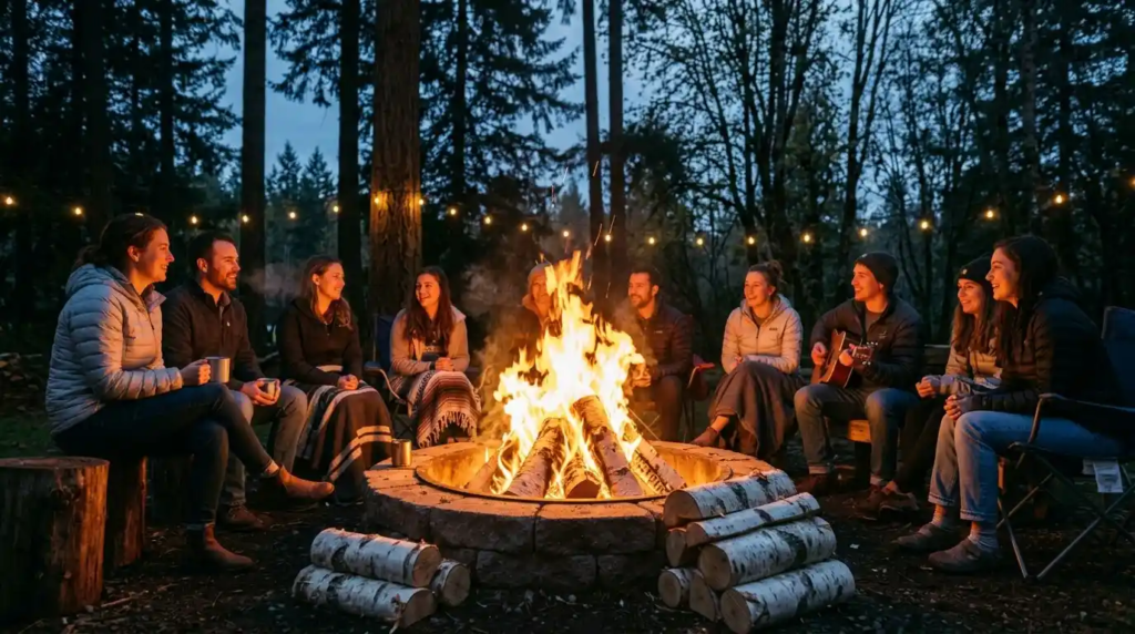 Birch firewood burning with bright outdoor flames