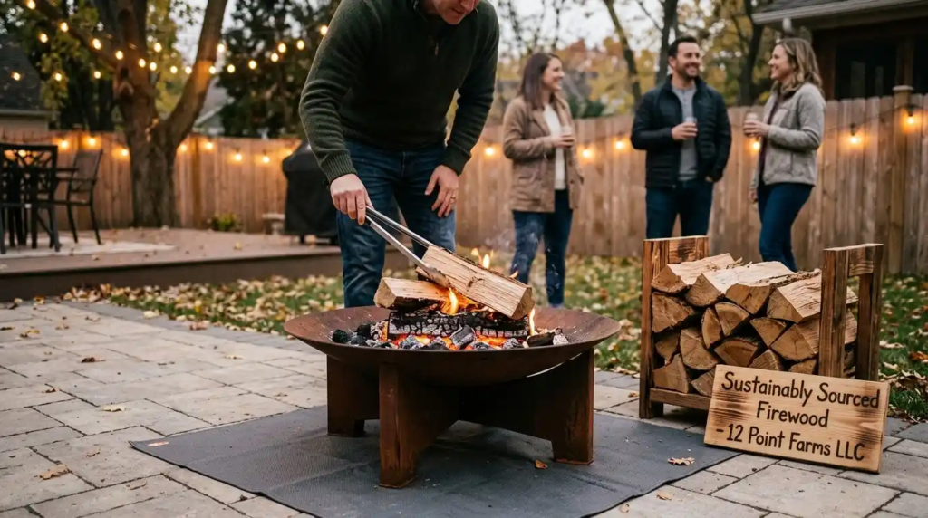 Firewood burning in outdoor fire pit