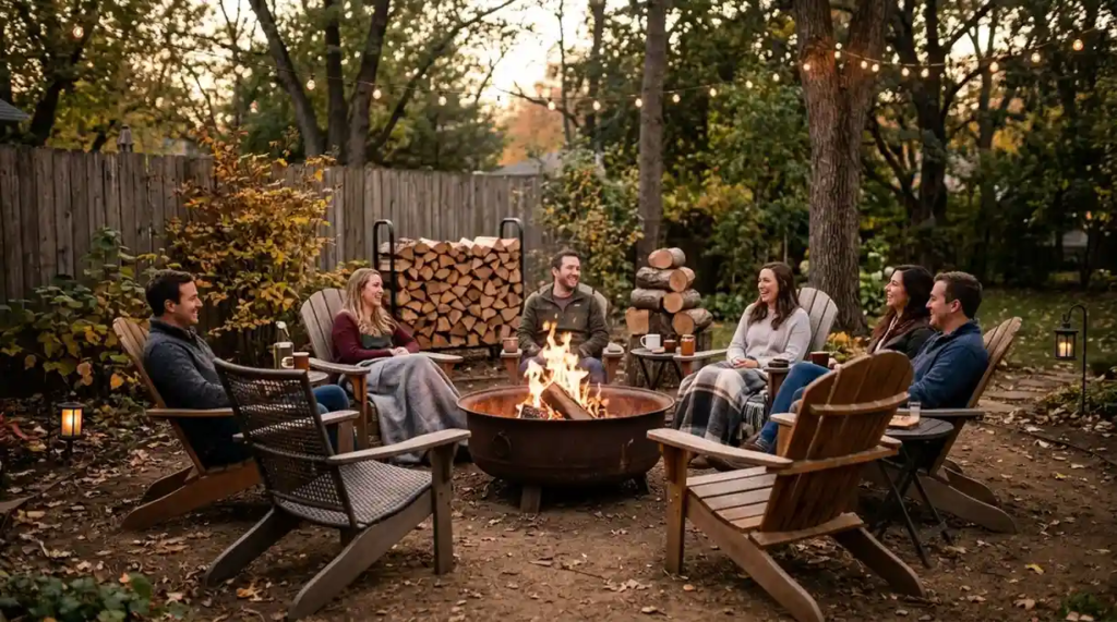 Firewood neatly stacked beside an outdoor fire pit