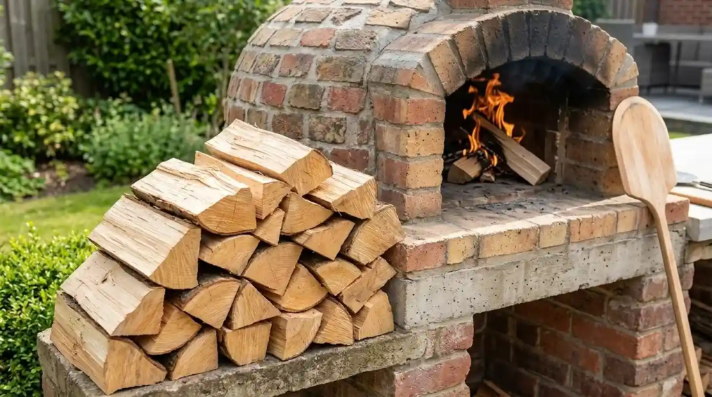 Kiln-dried hardwood firewood burning clean in pizza oven