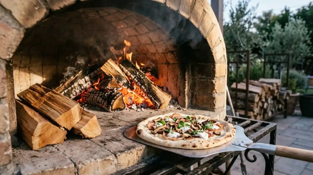 Maple firewood burning clean in pizza oven