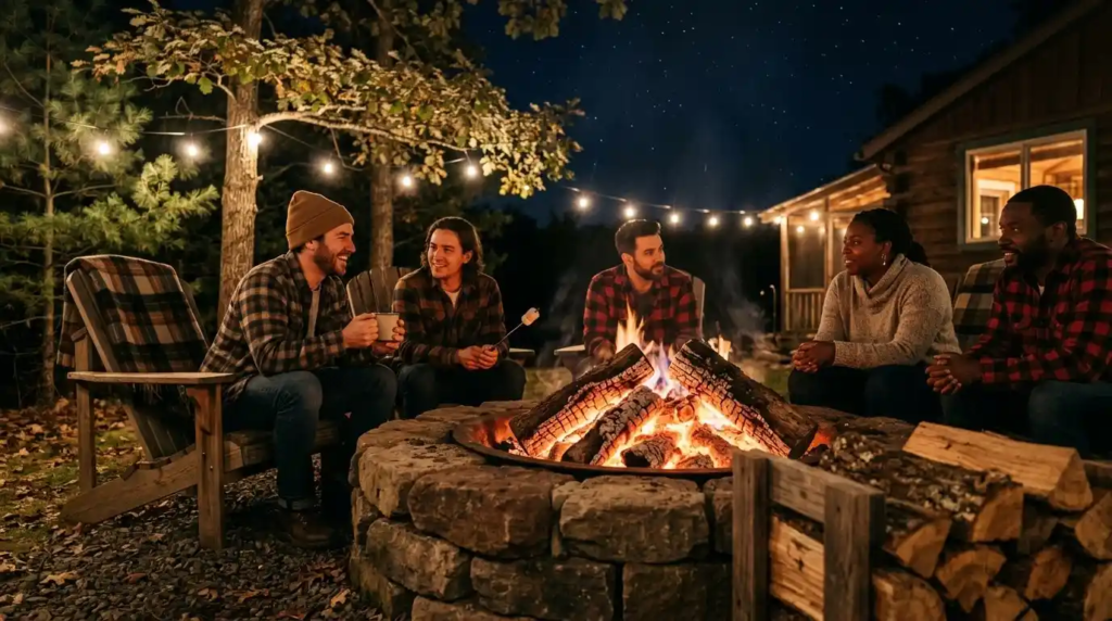 oak firewood burning in backyard fire pit