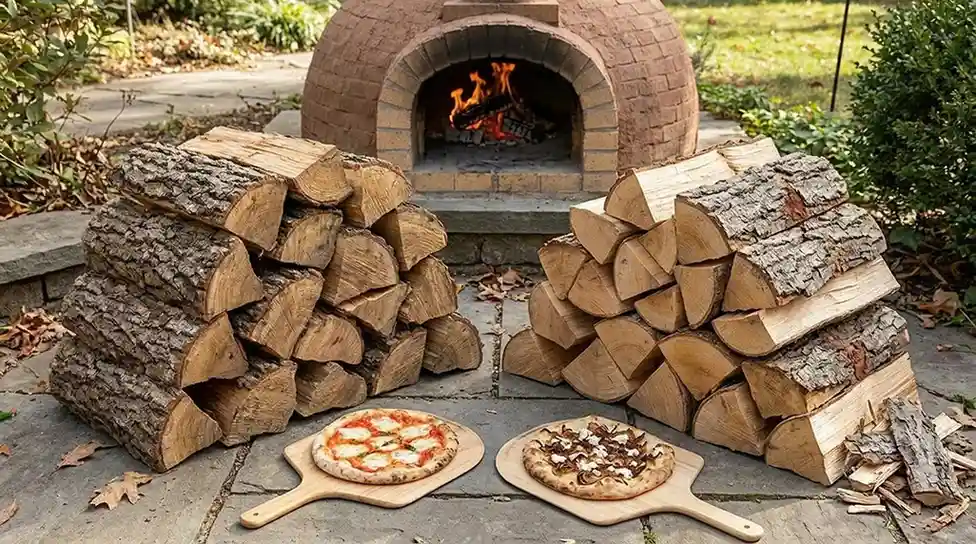 Oak firewood burning in pizza oven for steady heat