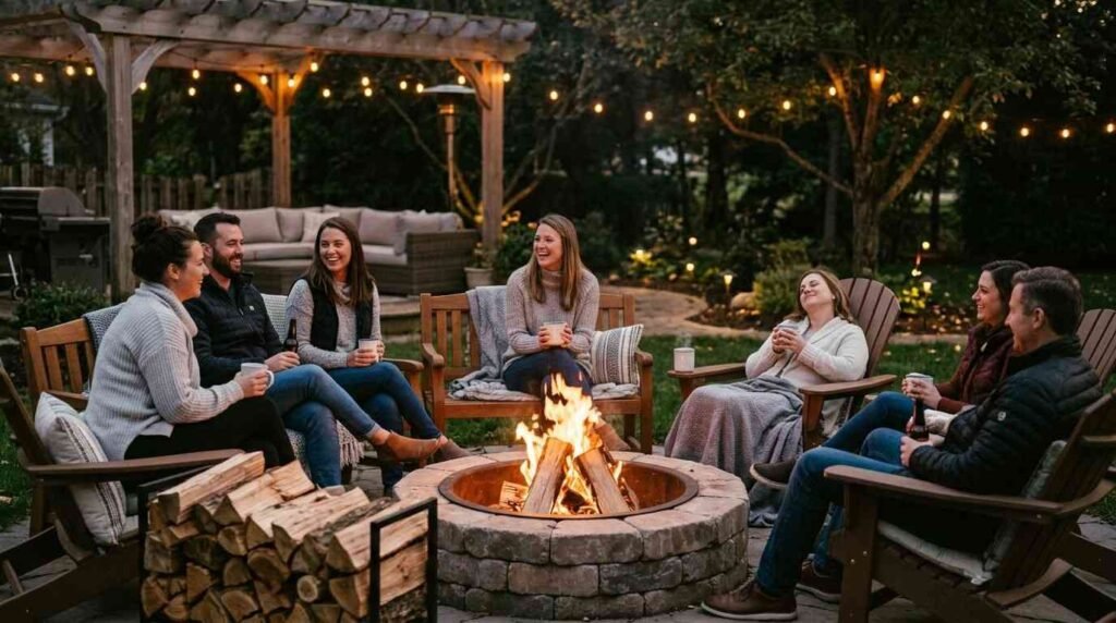 Safe outdoor fire pit with hardwood firewood