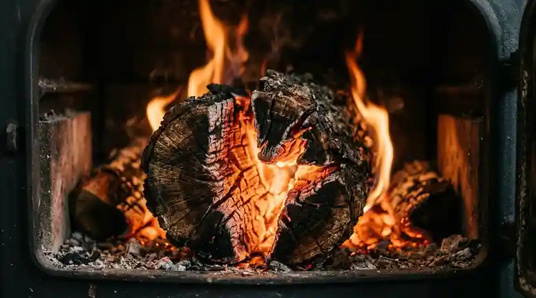 oak log burning in wood