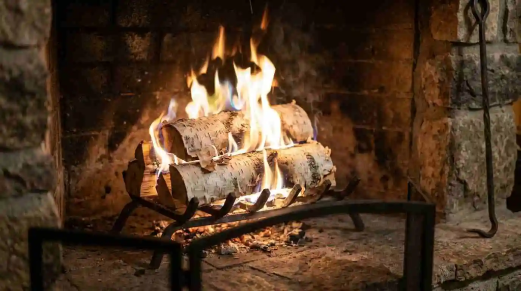 birch firewood burning with flame