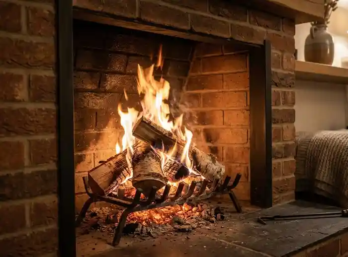 fire burning in brick fireplace