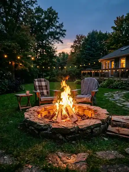 seasonal stone fire pit burning logs