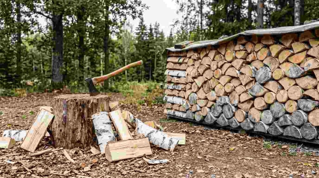 splitting and seasoning birch wood