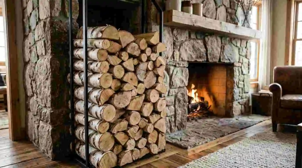 stacked birch wood in rack