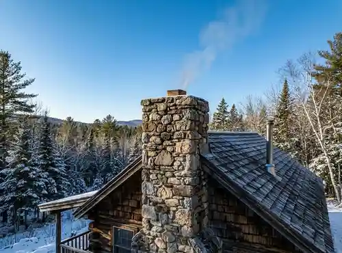stone chimney on cabin roof