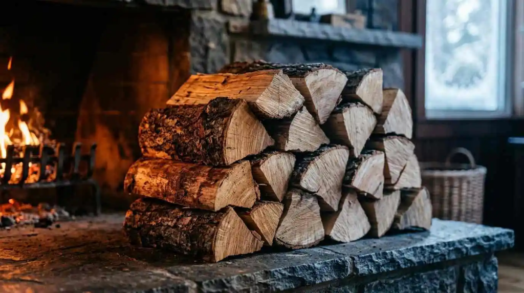 firewood stack on stone hearth