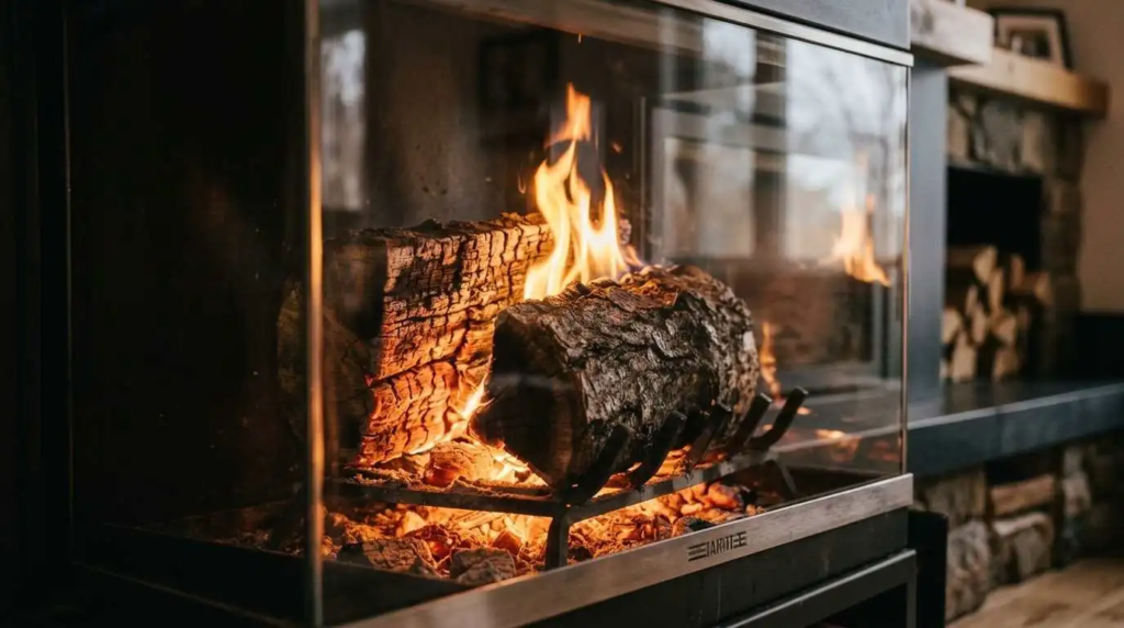 maple log burning in fireplace