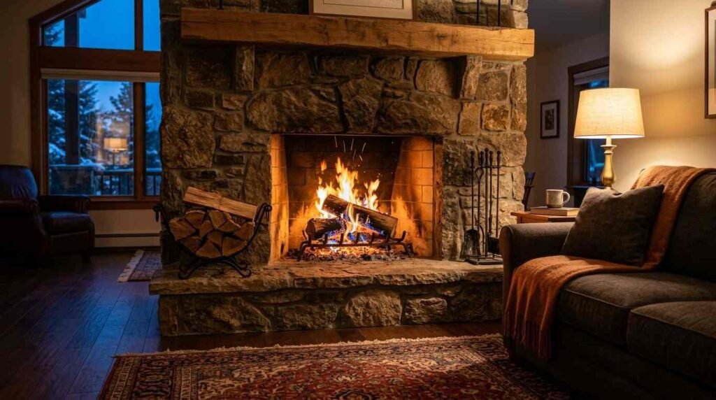 maple logs burning in fireplace