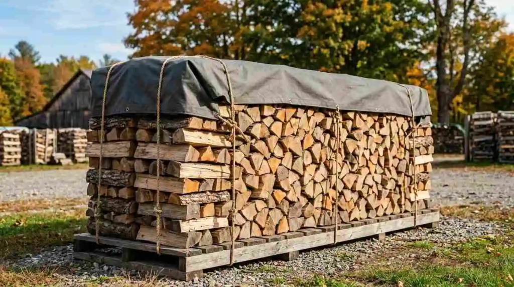 stacked maple firewood outdoors