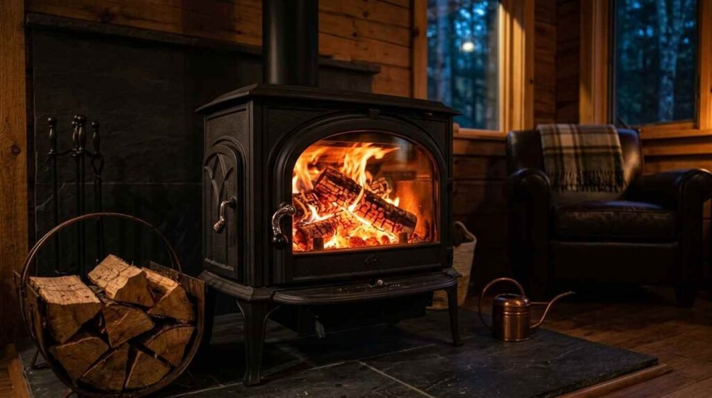 wood stove burning maple