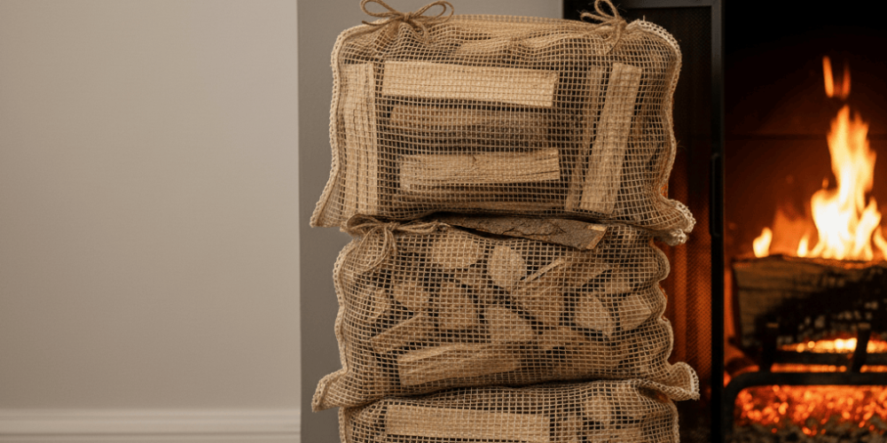 Kiln-dried kindling bags stacked beside a cozy fireplace, showing neatly cut wood pieces ready for easy fire starting.