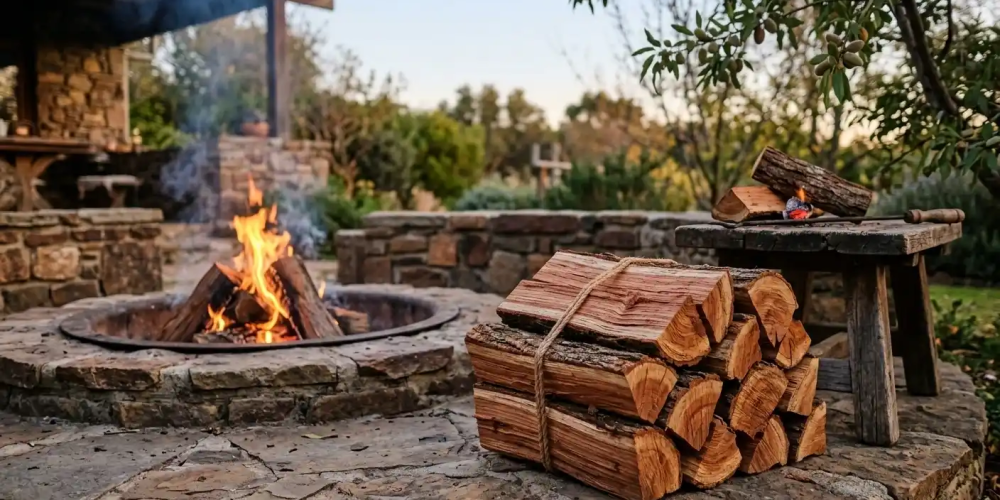 Seasoned almond firewood benefits illustration showing stacked logs