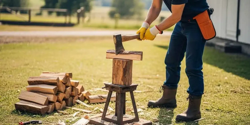 Person practicing firewood cutting safety with proper stance, grip, and protective gear outdoors.