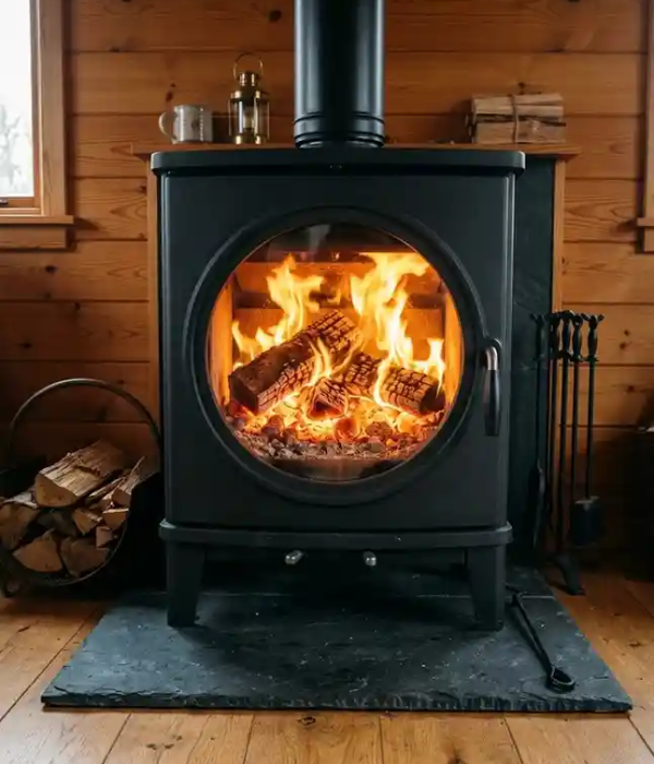 seasonal wood stove heating cozy home