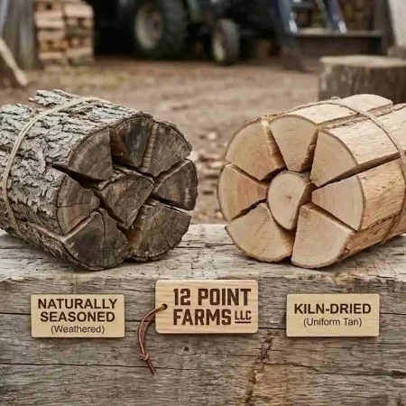 Seasoned firewood compared to kiln-dried firewood stacks